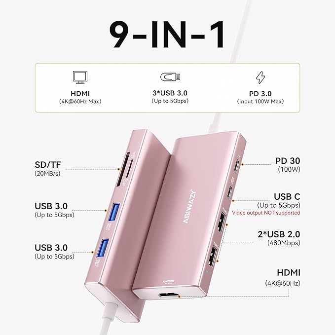 USB C Hub HDMI USB Adapter, 9 in 1 Dock with HDMI 4K@60Hz, SD/TF Card Reader, USB C Port,100W PD and 4 USB Ports (Pink)-DeskLoop Office
