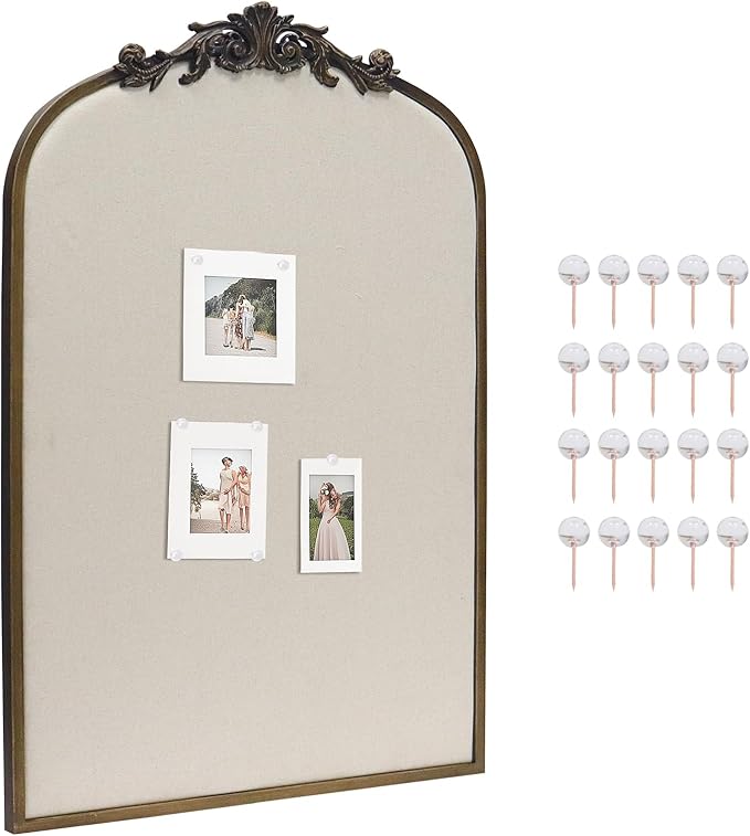 Arch Fabric Pinboard, Antique Gold Bulletin Boards 24"x36", Vintage Cork Board with Ornate Iron Frame for Wall Unique Display, Organization and Decor Options-DeskLoop Office