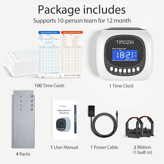 Time Clock with Passcode, Auto-Align Time Card Machine, 6 Punches per Day Time Clock Punch Machine with 100 Time Cards, 2 Ink Ribbons and 4 Racks(White, Military Time)-DeskLoop Office