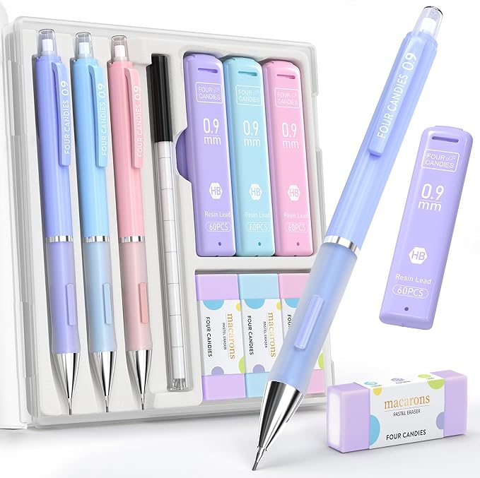 Four Candies Cute Pastel Mechanical Pencil Set, 3 Pack | 360 Lead Refills by FourCandies