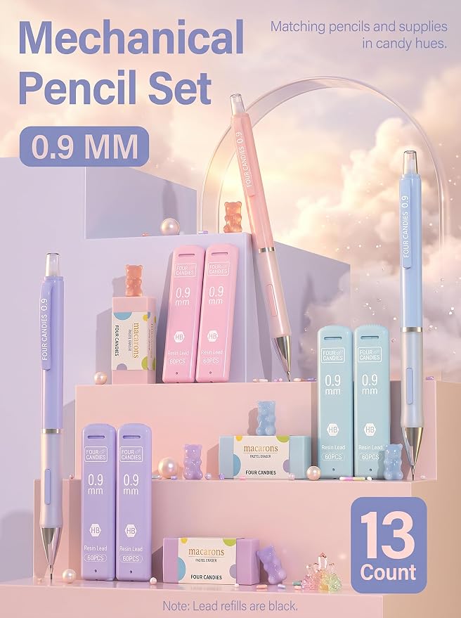 Four Candies Cute Pastel Mechanical Pencil Set, 3 Pack | 360 Lead Refills - Image 4