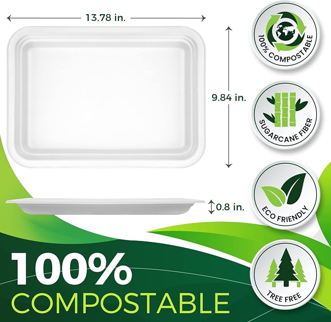 50Pack 14" Heavy Duty Disposable Rectangle Food Trays, Compostable Extra Large - Image 2