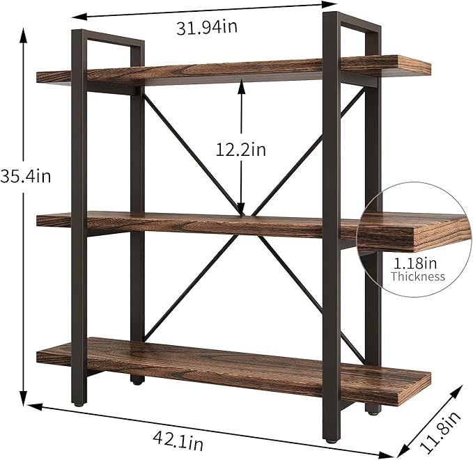 3 Tier Bookshelf Modern Rustic Open Bookshelf Office Solid Wood Bookcase and Book Shelves Wood and Metal Shelving Unit,Distressed Brown (AY-02-3Tier)-DeskLoop Office