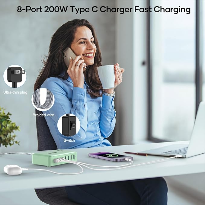 8-Port Multiple Charger Station 200W with Flat Plug, Braided Power Cord, and On/Off Switch- USB Charging Hub for iPhone, iPad, MacBook and More- 65W C Port Power Adapter for Laptops-DeskLoop Office