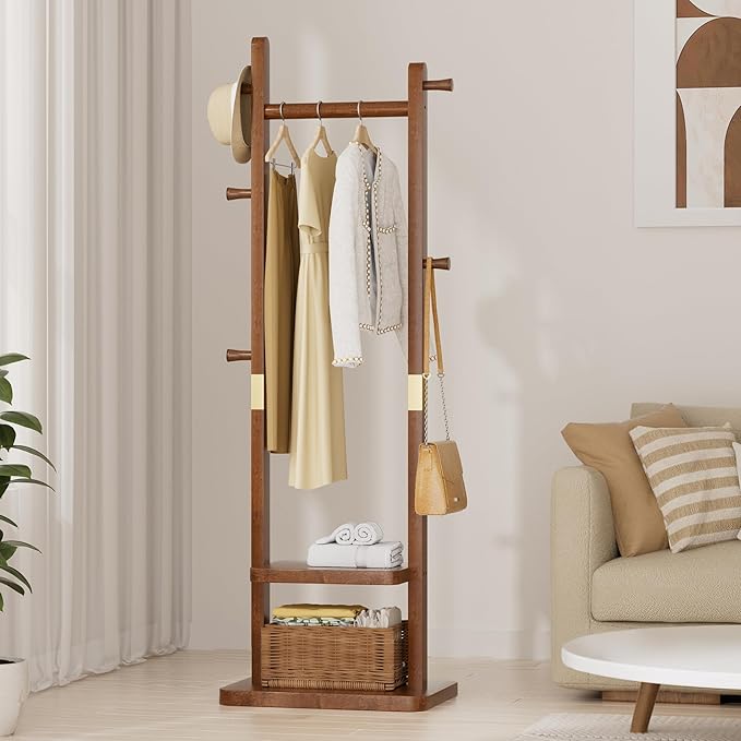 Solid Wood Coat Rack, Coat Rack Freestanding with 2 Shelves and 5 Hooks, Heavy Duty Coat Tree for Entryway，Living room，Coat Hanger Stand for Hats, Bags (Walnut Brown)-DeskLoop Office
