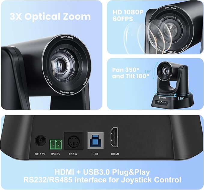 3X Optical Zoom PTZ Camera HDMI USB 3.0 1080P 60fps 114-Degree Wide-Angle for Video Conference Business Meeting Live Streaming Online Learn with Zoom YouTube Teams OBS and More-DeskLoop Office