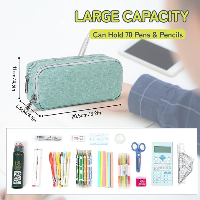 Della Gao Big Capacity Pencil Case, Durable Nylon Pencil Bag Aesthetic Pencil Pouch Travel Simple Stationery Bag Office Organizer Pen Bag for Women and Men - Green-DeskLoop Office