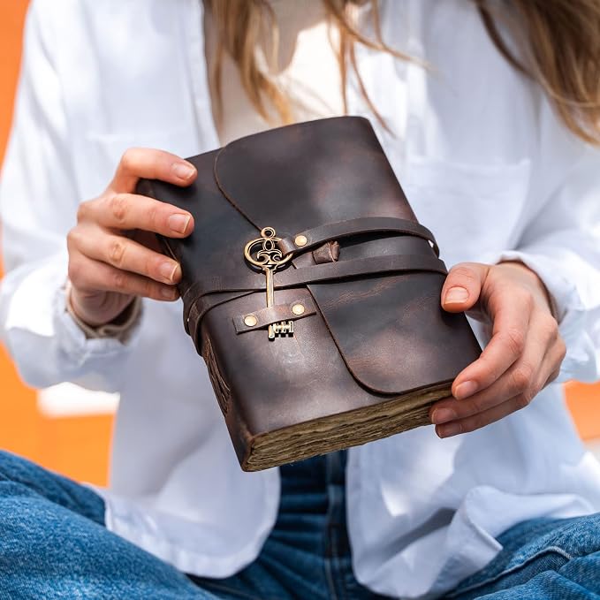 Leather Journal with Deckle Edge Paper 8x6 inch and Vintage Key | Handmade - Image 3