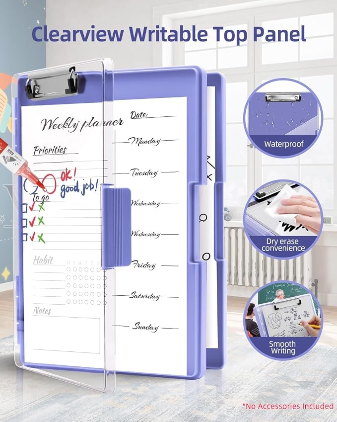 Clearview Clipboard with 2 Storage, Dry Erase 8.5x11 Heavy Duty ClipBoards - Image 2