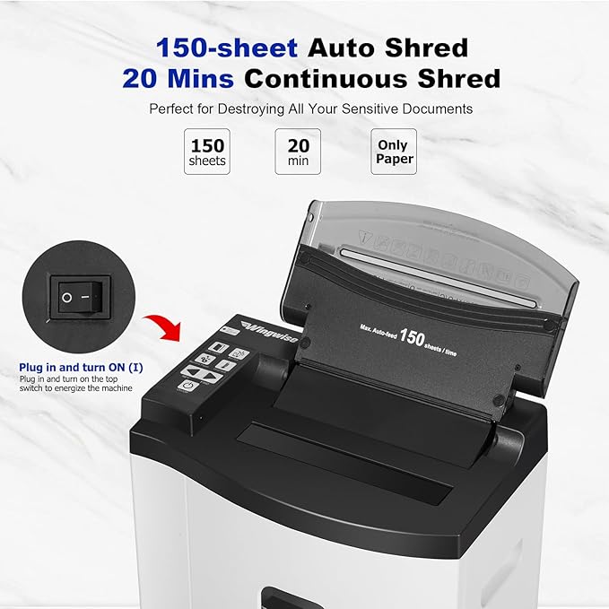 150 Sheet Auto-Feed Paper Shredder, Micro Cut P-5 Super High Security (5/64 x 19/32 inches), Large 6-Gallon Bin, 20 Mins Continuous Run, 55dB Ultra-Quiet for Home Office Use, White-DeskLoop Office