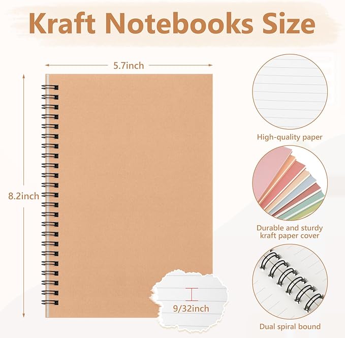 Fuutreo 12 Pcs Spiral Notebook for Work A5 8.3 x 5.7 Inch College Ruled Spiral Journal Notebook Kraft Cover Ruled Paper, 12 Color, 60 Sheets, 120 Pages for Office School(Earthy Color)-DeskLoop Office