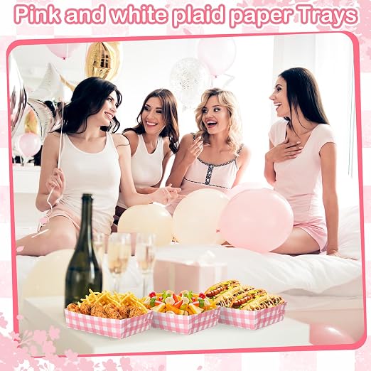 Suclain 36 Pack Light Pink and White Gingham Paper Trays 5 lb Grease Resistant - Image 7