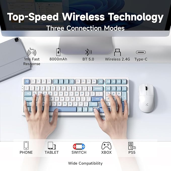 G98 PRO Wireless Gaming Keyboard, Tri-Mode Connection Mechanical Keyboard, Hot Swappable Custom Gasket Structure, Pre-lubed Linear Switches, Double Shot PBT Keycaps, RGB LED Backlit, Blue&White-DeskLoop Office