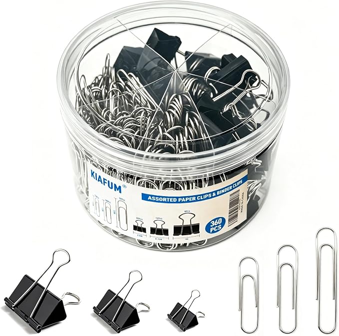 360 Pack Paper Clips and Binder Clips Set – Mixed Sizes Paperclips by KIAFUM