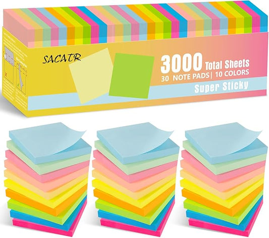 SACATR 30 Pads Sticky Notes, Sticky Note Pads 3x3 inches, 10 Bright Color Sticky Notes,Self-Stick Note Pads, Perfect for Office Home School(100 Sheet/Pad)-DeskLoop Office