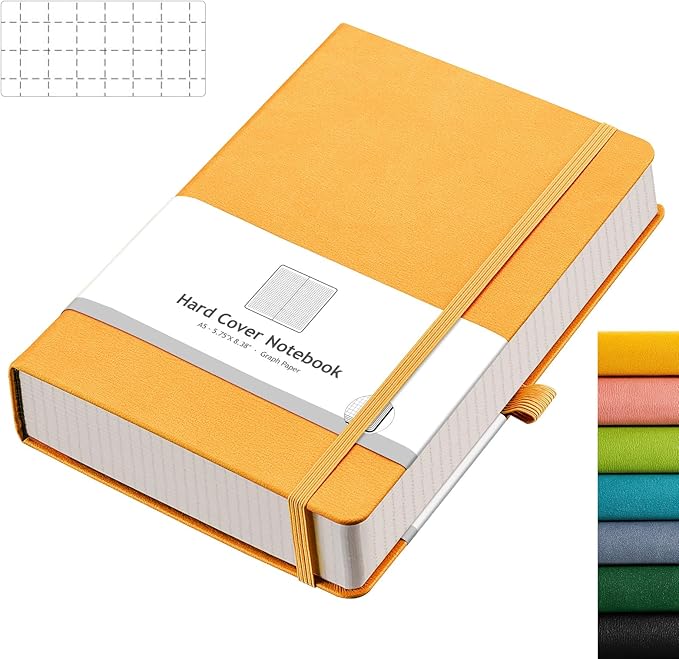 AHGXG Graph Paper Notebook - 320 Pages Grid Notebook Thick Journal A5, 100gsm Thick Graph Paper, Leather Hardcover, Inner Pocket,5.75'' × 8.38''- Yellow-DeskLoop Office