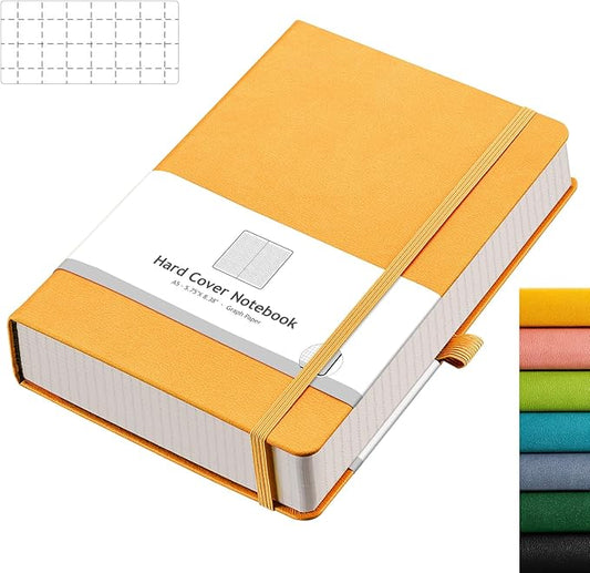 AHGXG Graph Paper Notebook - 320 Pages Grid Notebook Thick Journal A5, 100gsm Thick Graph Paper, Leather Hardcover, Inner Pocket,5.75'' × 8.38''- Yellow-DeskLoop Office
