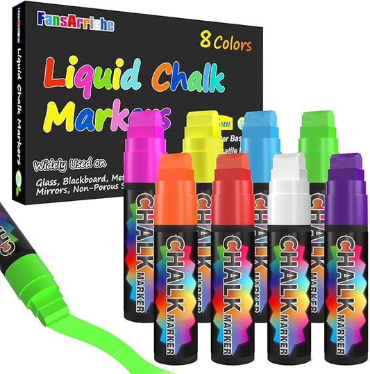 FansArriche Liquid Chalk Markers, 15mm Jumbo Car Window Markers, 8 Pack Erasable Neon Chalk Pens for Chalkboard, Blackboard, Glass, Signs, 3-in-1 Nib-DeskLoop Office