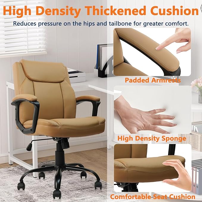 CLATINA Brown Office Computer Chair PU Leather Executive Swivel Adjustable Height Chairs with Upholstery Fixed armrest Mid-Back Leather Thick Cushion Office Chair Brown 4Pack-DeskLoop Office