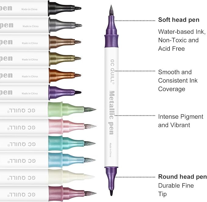 GC QUILL 12 Colors Metallic Marker Pens - Dual Tip Brush and Fine Point Pens for DIY Album, Black Cards, Scrapbooking, Craft Supplies, on Ceramic, Stone, Glass, Fabric GC-MP12-DeskLoop Office