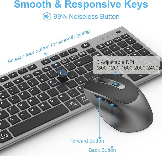 FENIFOX Wireless Keyboard and Mouse, Ergonomic Rechargeable Silent Quiet Slim USB C Flat Compact Full Size with Number Pad Soft Cover Keyboards for Mac Computer PC Surface Laptop MacBook iMac Black-DeskLoop Office
