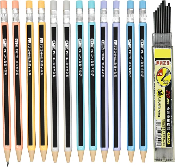 mechanical pencils 12-Pack Colorful Wood-Imitating Automatic Pencils 2.0mm by Lopenle