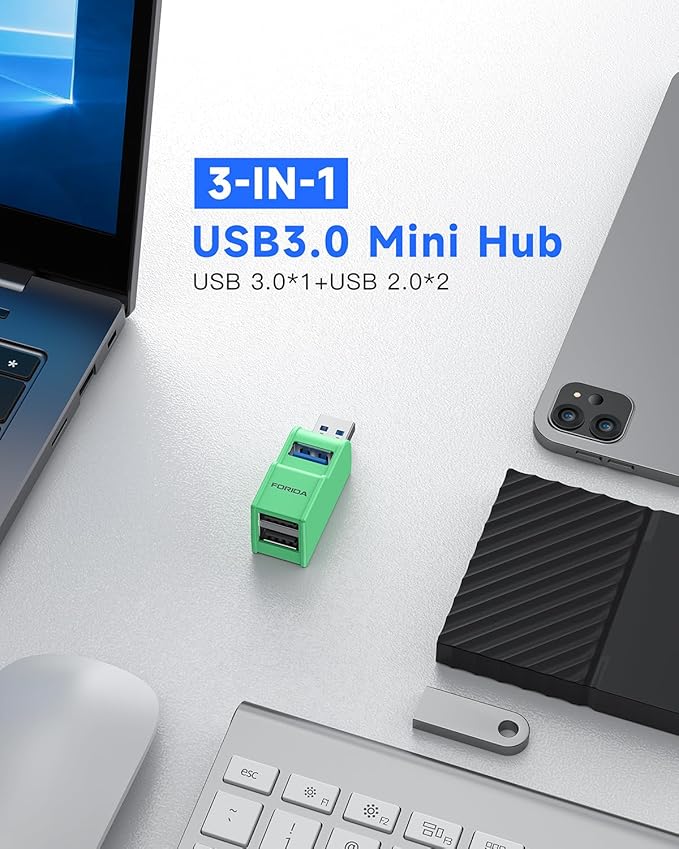 FORIDA 3 Ports USB 3.0 Adapter, USB Hub with 1 USB 3.0 and 2 USB 2.0 Ports, Portable USB Port Splitter for Keyboard, Mobile Hard Disk, U Disk, Camera, Mouse, etc (Green)-DeskLoop Office