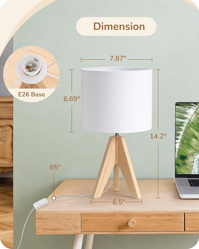 EDISHINE Small Cute Table Lamp, Wood Tripod Nightstand Lamp, Mid Century - Image 5