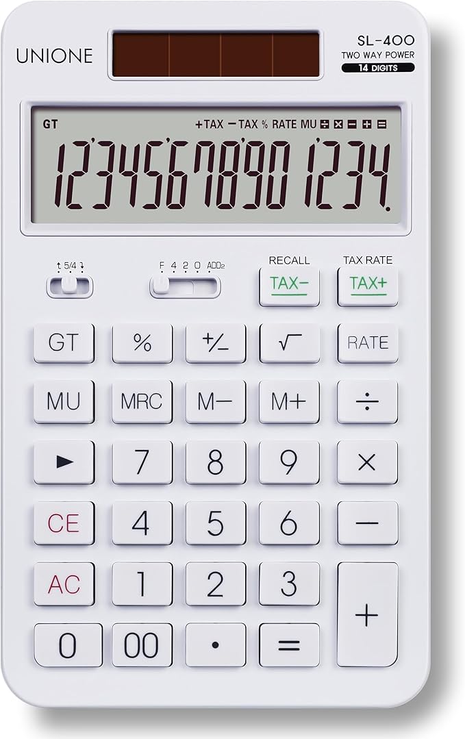 14 Digits Desktop White Calculator with a Bright LCD, Dual Power Handheld Desktop. Color. Business, Office, High School-DeskLoop Office