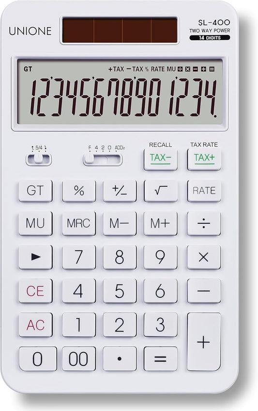 14 Digits Desktop White Calculator with a Bright LCD, Dual Power Handheld Desktop. Color. Business, Office, High School-DeskLoop Office