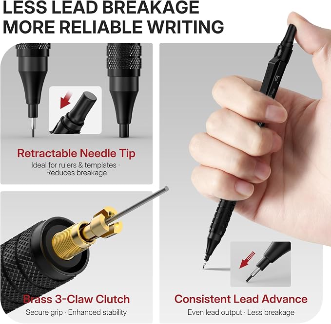 WUO 0.9mm Mechanical Pencil Set, 3 Black Metal Drafting Pencils - Image 3