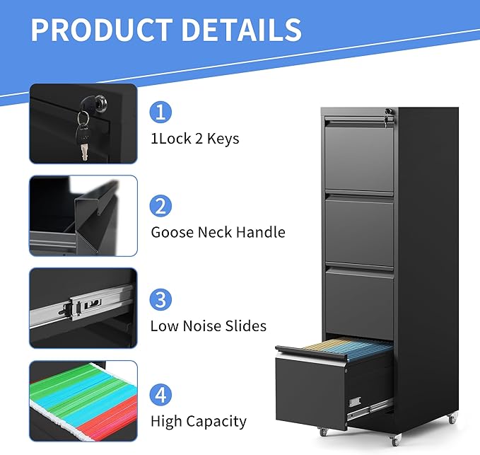 4 Drawer Mobile File Cabinet, Filing Cabinet Home Office for Letter, Legal Size, Black-DeskLoop Office
