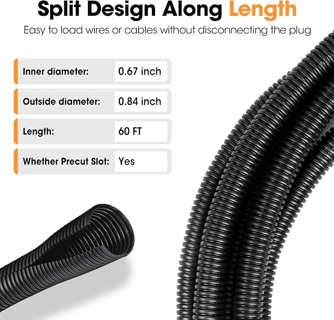 60 FT Wire Loom 3/4 Inch, Split Wire Loom Tubing Wire Conduit, Wire Protector - Image 3