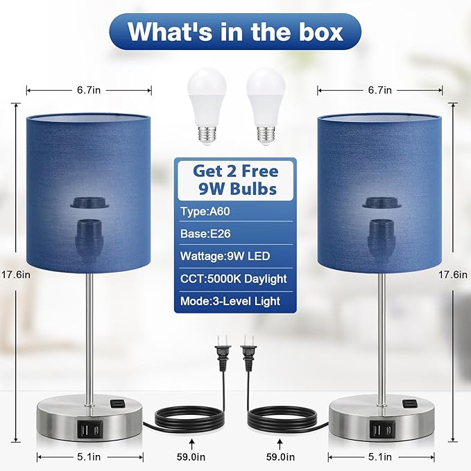 Blue Touch Lamps for Nightstand Set of 2 - Image 4