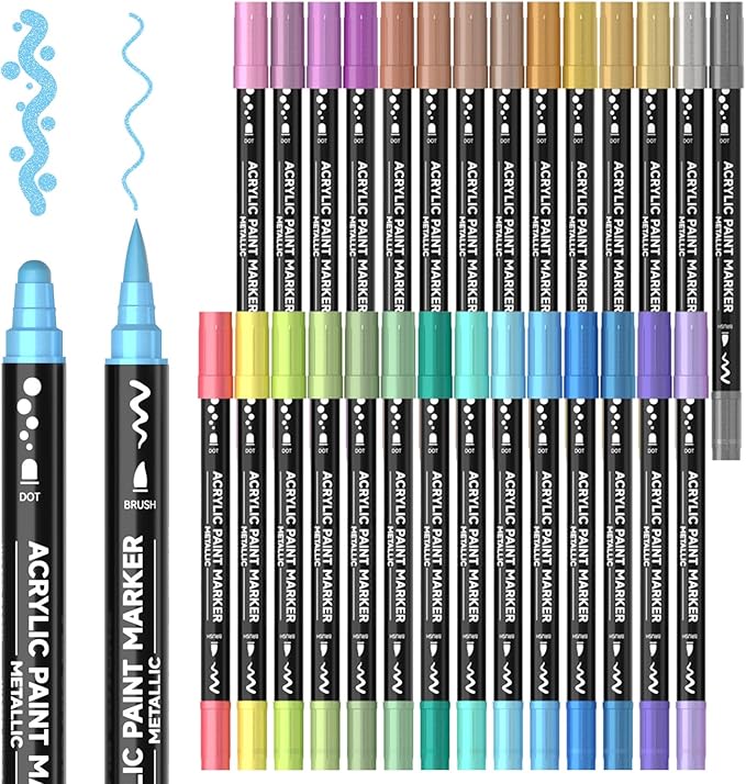28 Metallic Colors Dual Tip Acrylic Paint Markers, Brush Tip and Dot Tip Acrylic Paint Pens for Rock Painting, Ceramic, Wood, Canvas, Plastic, Glass, Stone, Calligraphy, Card Making, DIY Crafts-DeskLoop Office