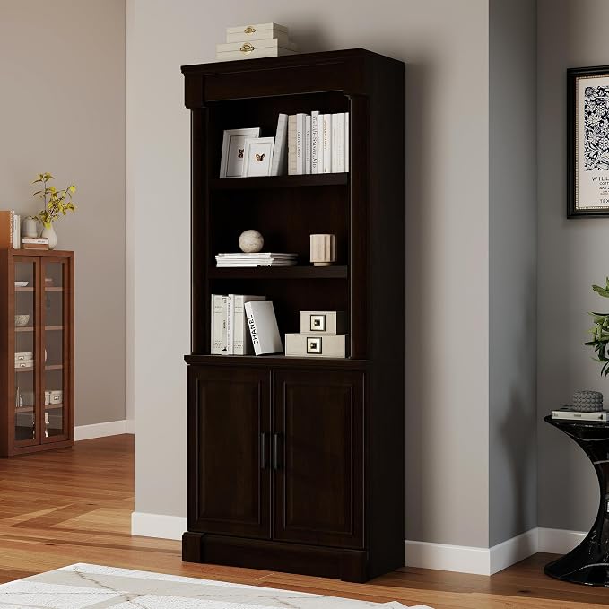 72" Roman Column Bookcase with Double Door Cabinet, 5 Tiers Tall Bookshelf by Bevfint