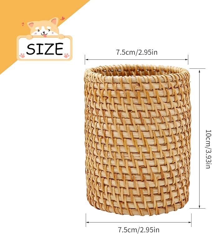 2 Pack Rattan Pencil Holder for Desk Handmade Pen Organizer Bucket Boho Desk - Image 2