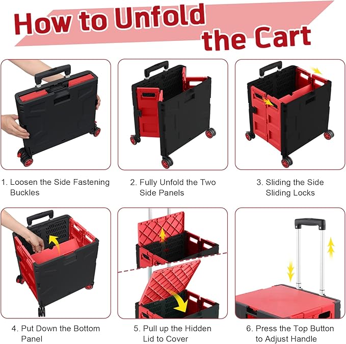 FELICON Folding Utility Cart Rolling Crate Handcart Basket Tote-Red+Black | - Image 4