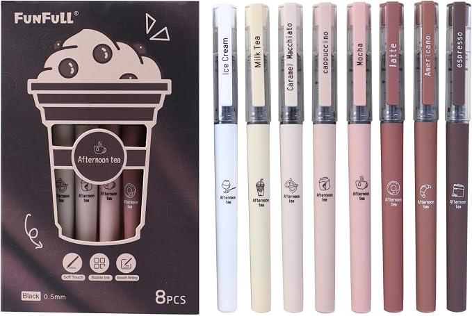 FUNFULL Aesthetic Cute Stick Rollerball Pens, 0.5mm Fine Point Coffee Gel Pens - Image 2