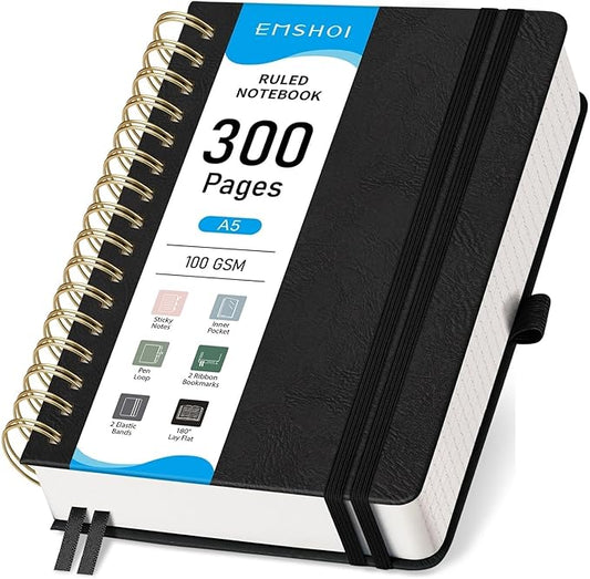 EMSHOI Spiral Notebook College Ruled, 300 Numbered Pages, A5 Small Hardcover Leather, 100 GSM Thick Lined Journal for Women Men Work Writing Journaling Note Taking, 5.7" x 8.22", Black