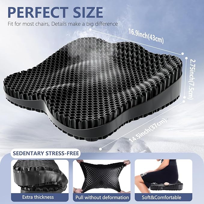Thicker Seat Cushion for Office Chair, Big Gel Seat Cushion for Long Sitting, Support for Sciatica & Back Pain Relief, Breathable Chair Seat Pads Egg Wheelchair Cushion for Home Car Kayak Stadium-DeskLoop Office