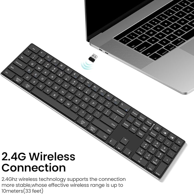 2.4G Wireless and Bluetooth Keyboard with Numeric Keypad, Multi-Device, Rechargeable, Compatible with Mac, Windows (Black)-DeskLoop Office