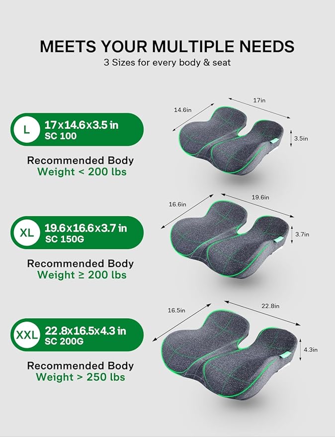 Seat Cushion, SC 200G Seat Cushions for Office Chairs, Car Seat, Wheelchair - Sciatica & Tailbone & Coccyx Pain Relief Pillow for Driver Sedentary People（Size:22.8 * 16.5 * 4.3 in-Grey）-DeskLoop Office