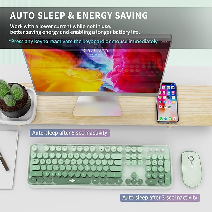 FOPETT Wireless Keyboard and Mouse Combo, 104 Keys Full-Sized 2.4 GHz Round Keycap Colorful Keyboards, USB Receiver Plug and Play, for Windows, Mac, PC, Laptop, Desktop (GradientGreen)-DeskLoop Office