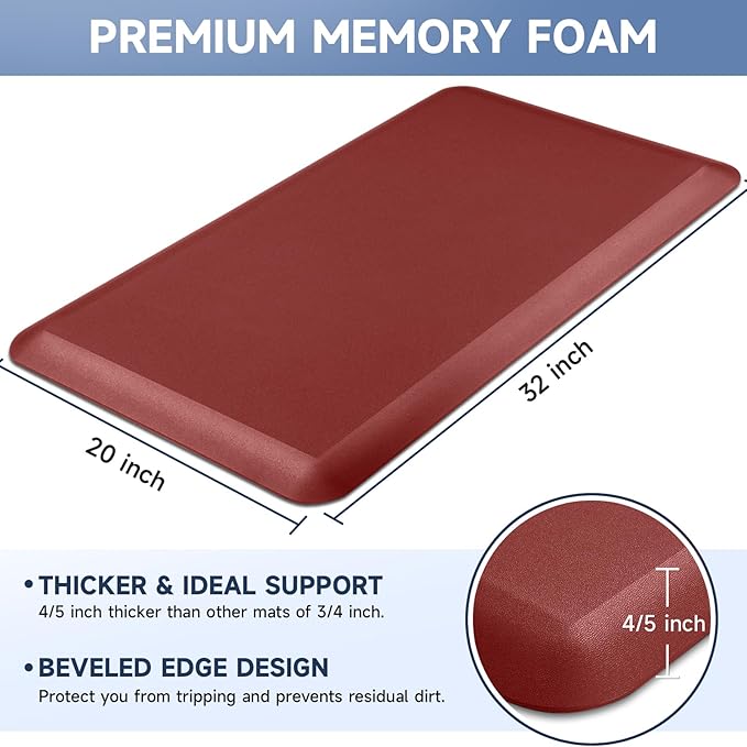 4/5 Inch Thick Kitchen Mats for Floor, StepRite Kitchen Rug for Standing Desk, Non-Slip, Thicker, Stain Resistant, Waterproof, Comfort Anti Fatigue Floor Mat for Home, Kitchen, Office - Red,32 * 20''-DeskLoop Office