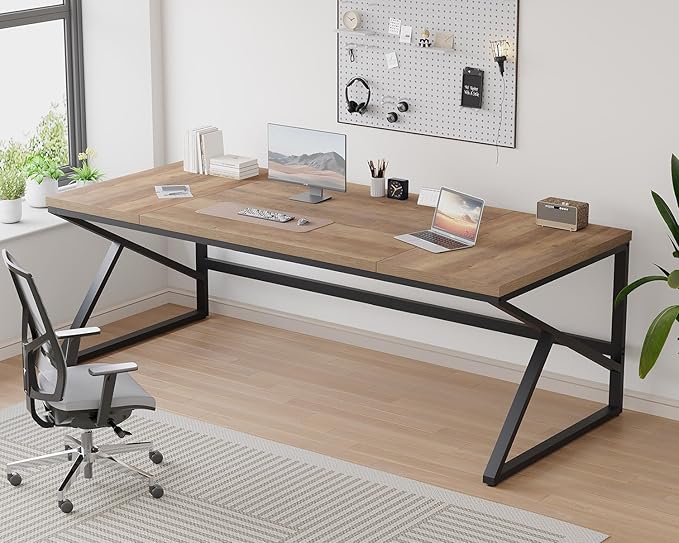 HSH Extra Large Home Office Desk, Rustic Wood and Metal Computer Desk for 2 People, 78 Inch Long Executive Writing Study Gaming Double Desk Workstation, Bedroom Living Room PC Table for 2 Monitors-DeskLoop Office