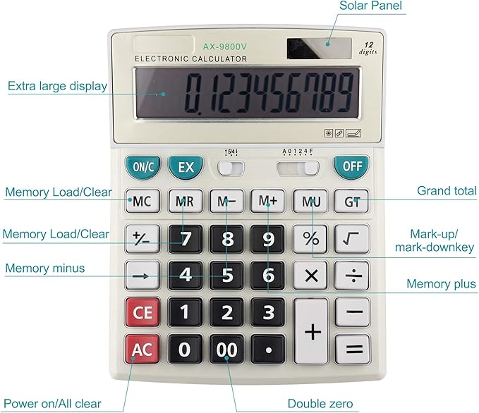 Large Computer Electronic Calculator Counter Solar & Battery Power 12 Digit Display Multi-Functional Big Button for Business Office School Calculating (HY-9800v)-DeskLoop Office