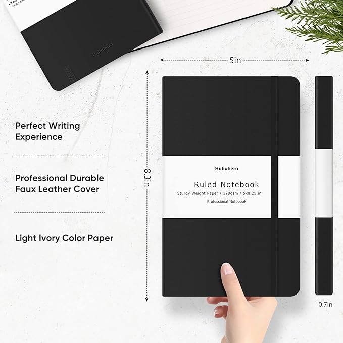 Huhuhero Notebooks Journal, Ruled Notebook, Premium Thick Paper Lined Journal, Black Hardcover Notebook for Office Home School Business Writing Note Taking Journaling, 5"×8.25" (12, Black)-DeskLoop Office