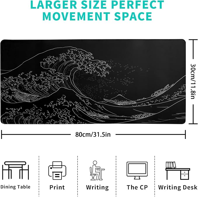 Brecoy Japanese Sea Wave Large Mouse Pad, Anime Black Gaming, Extended Kanagawa - Image 2