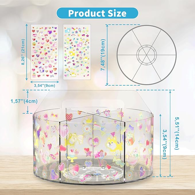 Acrylic Pen Holder with 2 Adhesive DIY Stickers, Desk Organizer Marker Holder with Cute Sticker, 360 Degree Office Supply Organizer Clear Pencil Holder Kid Art Supply Storage Organizer 6 Compartments-DeskLoop Office